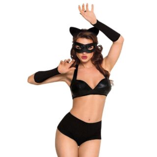 Костюм кошечки SoftLine Collection Catwoman (бюстгальтер, шортики, головной убор, маска и перчатки), чёрный, М