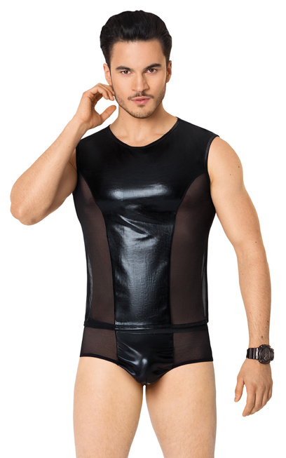 Костюм сетка + wetlook мужской SoftLine Collection (майка, шорты), чёрный, XL