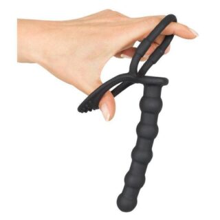 Ребристая насадка для двойного проникновения с подхватом мошонки Black Velvets Cock & Ball Ring