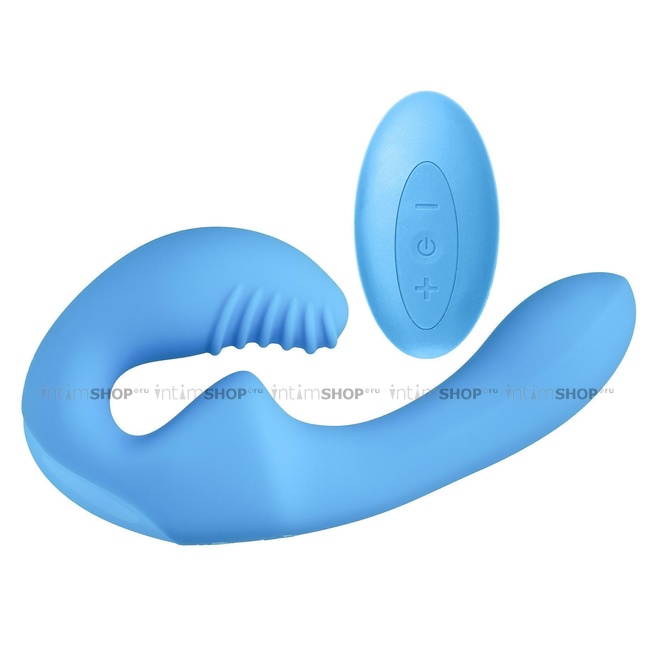 Безремневой анатомический страпон Главсексмаг с вибрацией, с пультом управления, голубой